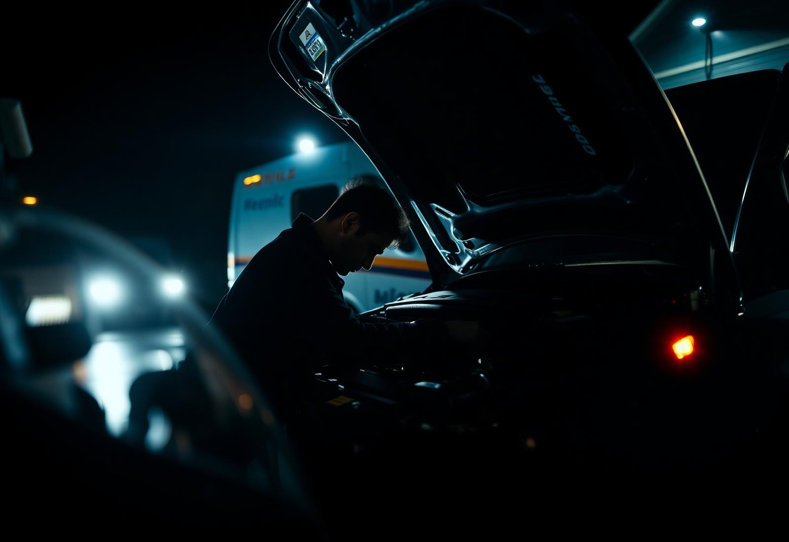 Mobile mechanic working on a vehicle